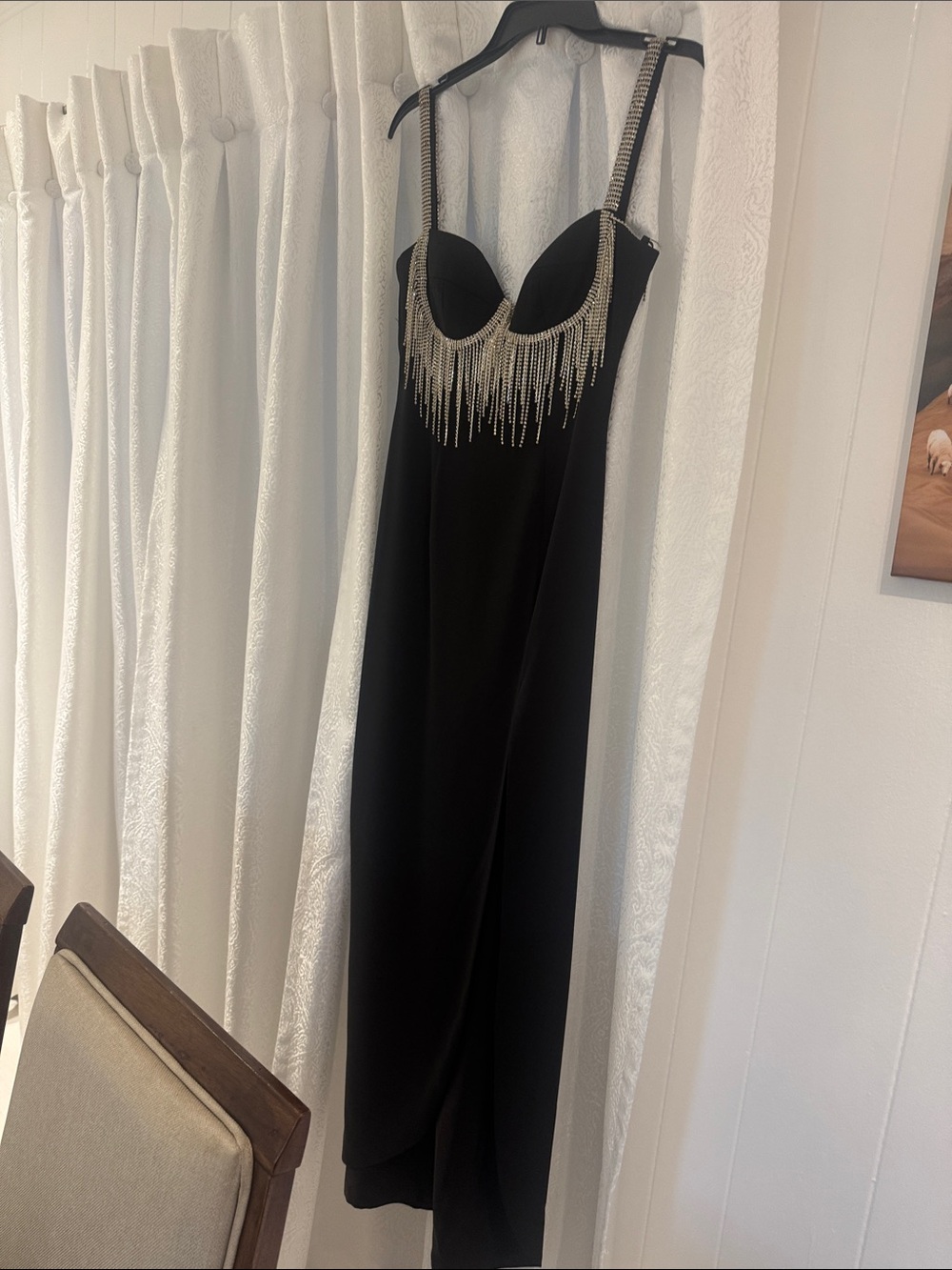 Elegant Black Maxi Dress with Crystal Fringe